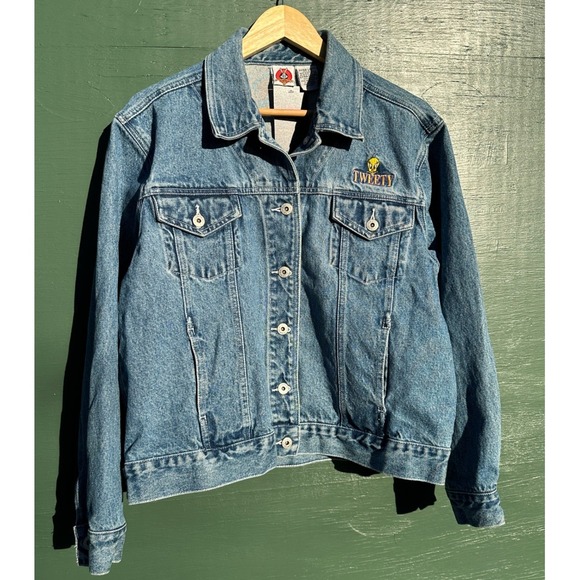 Vintage Tweety Bird Denim Jacket Looney Tunes Embroidered Warner Bros M/L 90s - Picture 3 of 6
